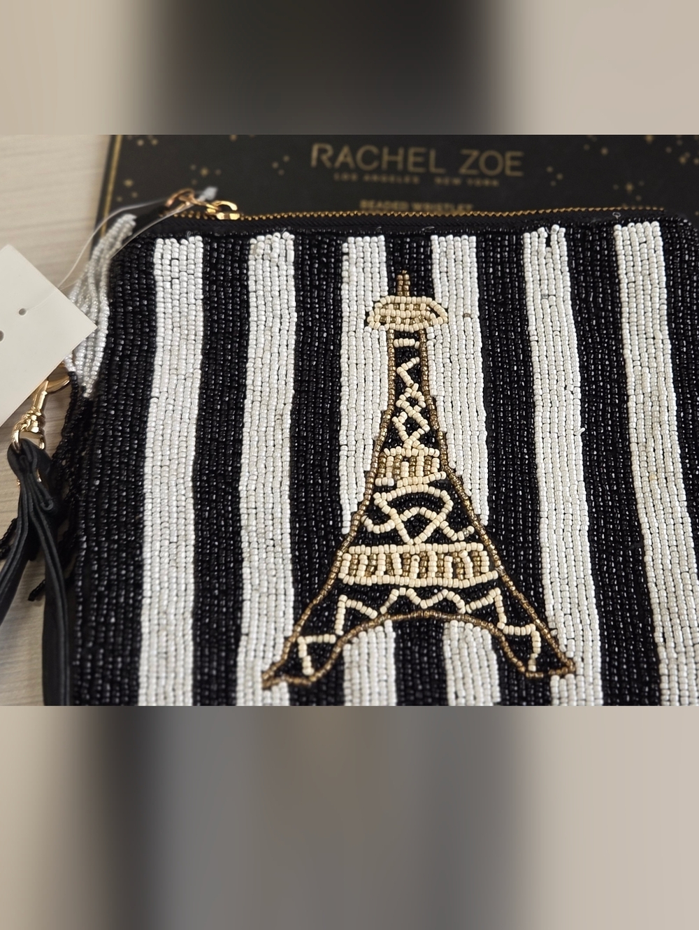 NWTRachel Zoe Black, White & Gold Beaded Eiffel Tower Wristlet Clutch